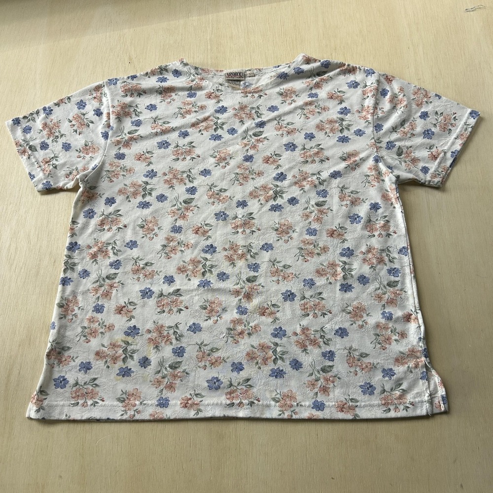 Vintage Carriage Court Shirt Womens Large White Floral Short Sleeve Tee T-Shirt